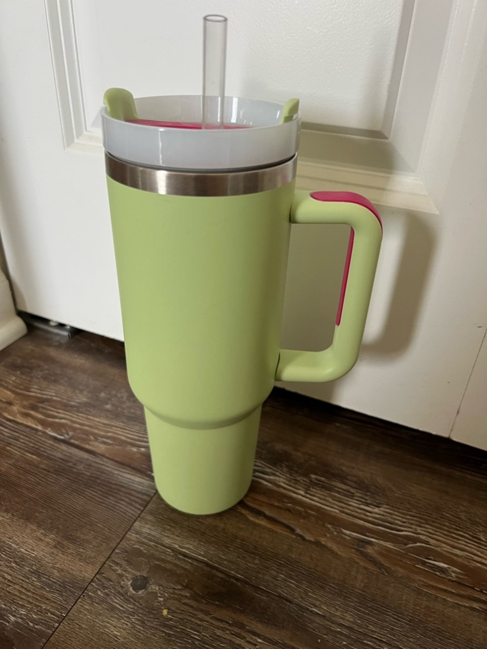 Insulated Travel Tumbler with Handle - Light Green & Pink Accents